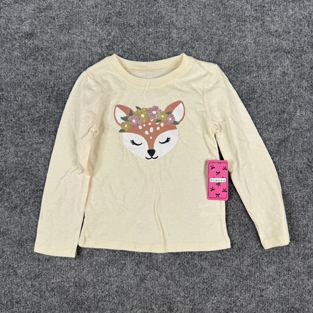 btween Shirt Girls Size 4 Cream Long Sleeve Deer Floral Glitter Graphic New